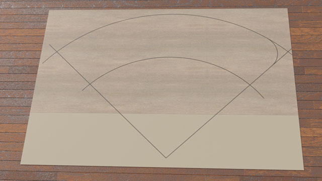 R材切り出し用を書いたベニヤの写真