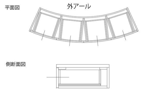 扇状の外側のアール面に引き出しが付いている箱の図面