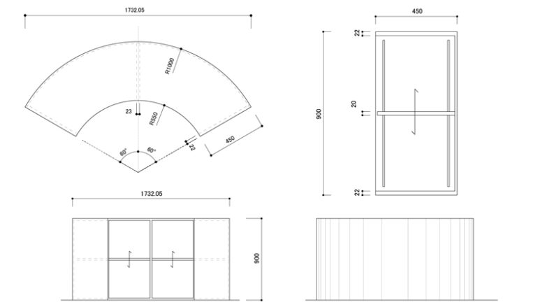 扇型収納カウンターの図面